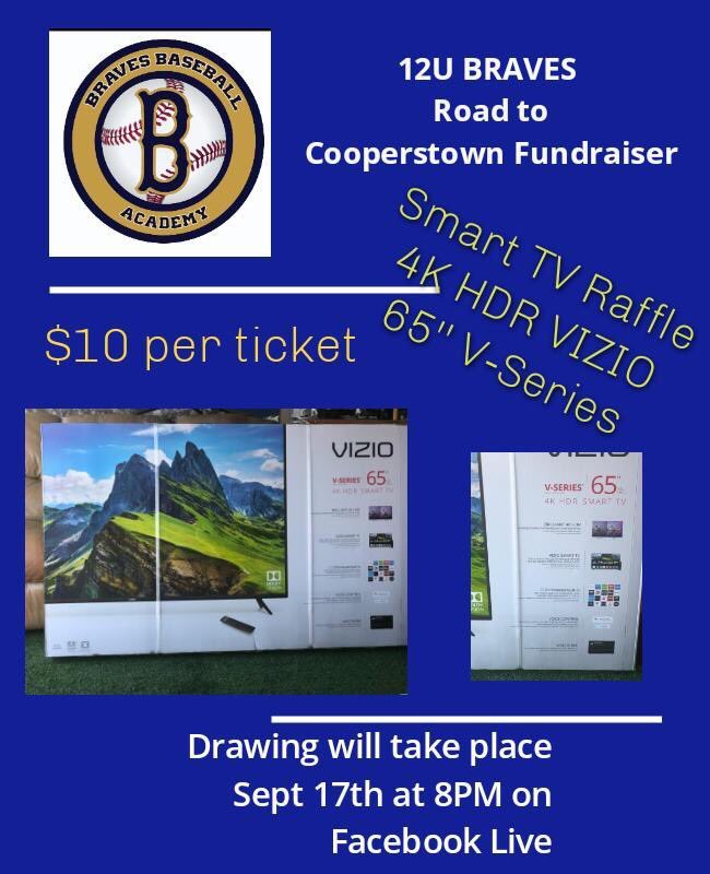BravesBBA's tweet photo. Help our 12U Braves get to Cooperstown!! We are Raffling off a 65" TV!! Please DM if you would like to purchase a ticket!!! Drawing is Sept 17th , live on our Instagram @ bravesbaseballacademy https://t.co/vWJOPv7DzP
