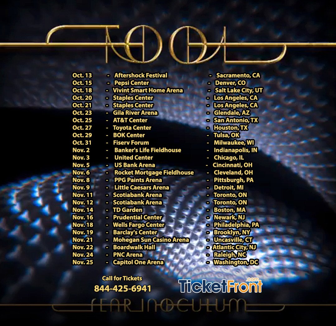 TicketFront1's tweet image. #Tool detailed a six-week #FallTour2019 with new album #FearInoculum. The six-week, 26-date trek will kick off on Oct. 13 at the #AftershockFestival in #Sacramento, #CA and is currently scheduled to conclude on Nov. 25 in #Washington, #DC. Tickets: ticketfront.com/event/Tool-tic…