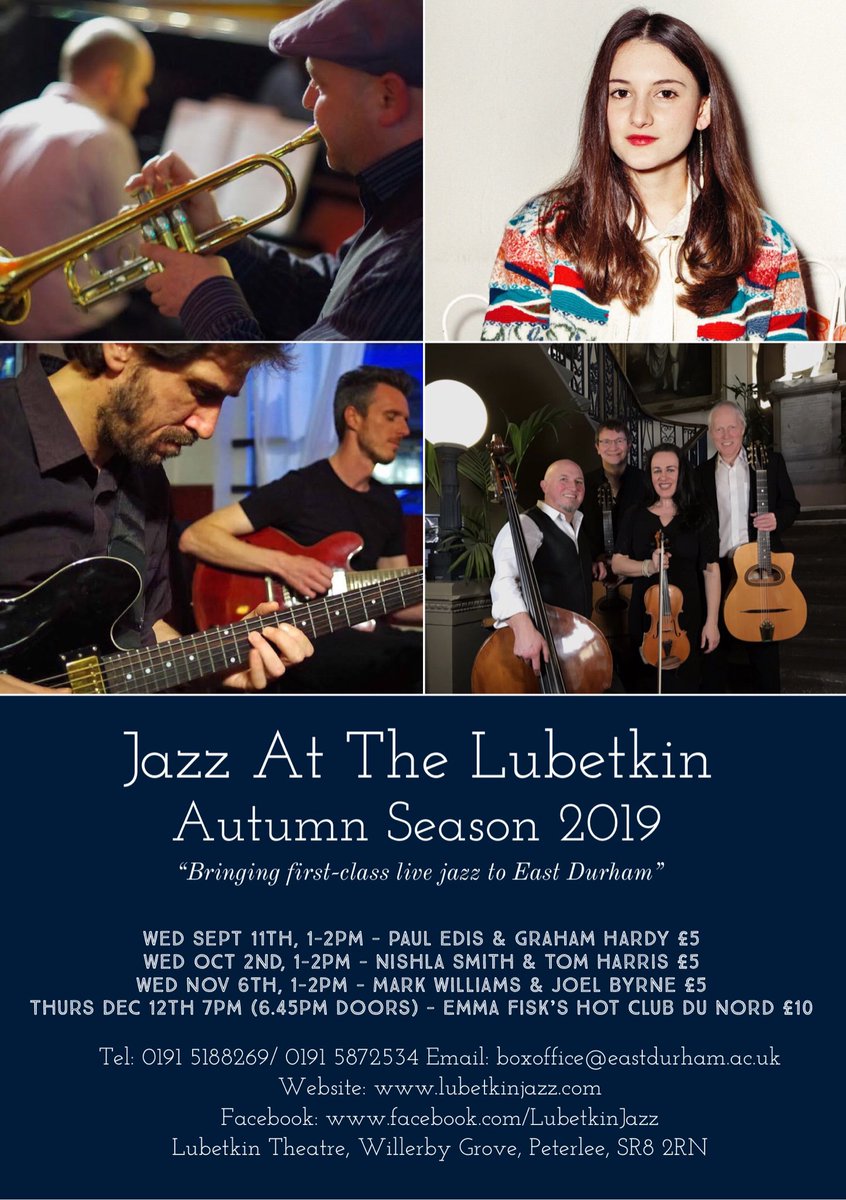 AtLubetkin's tweet photo. Wed Sept 11th we’re back in jazzy action with the wonderful @grahamhardytpt  and @PaulREdis 1-2pm at #LubetkinTheatre in #Peterlee!  Book your tickets and check out the rest of the season here! https://t.co/ZcA1U9RQbC 
@EastDurhamNews  @EastDurhamCol @EDCreates @EastDurhamLife https://t.co/2IQPmhk8Cv