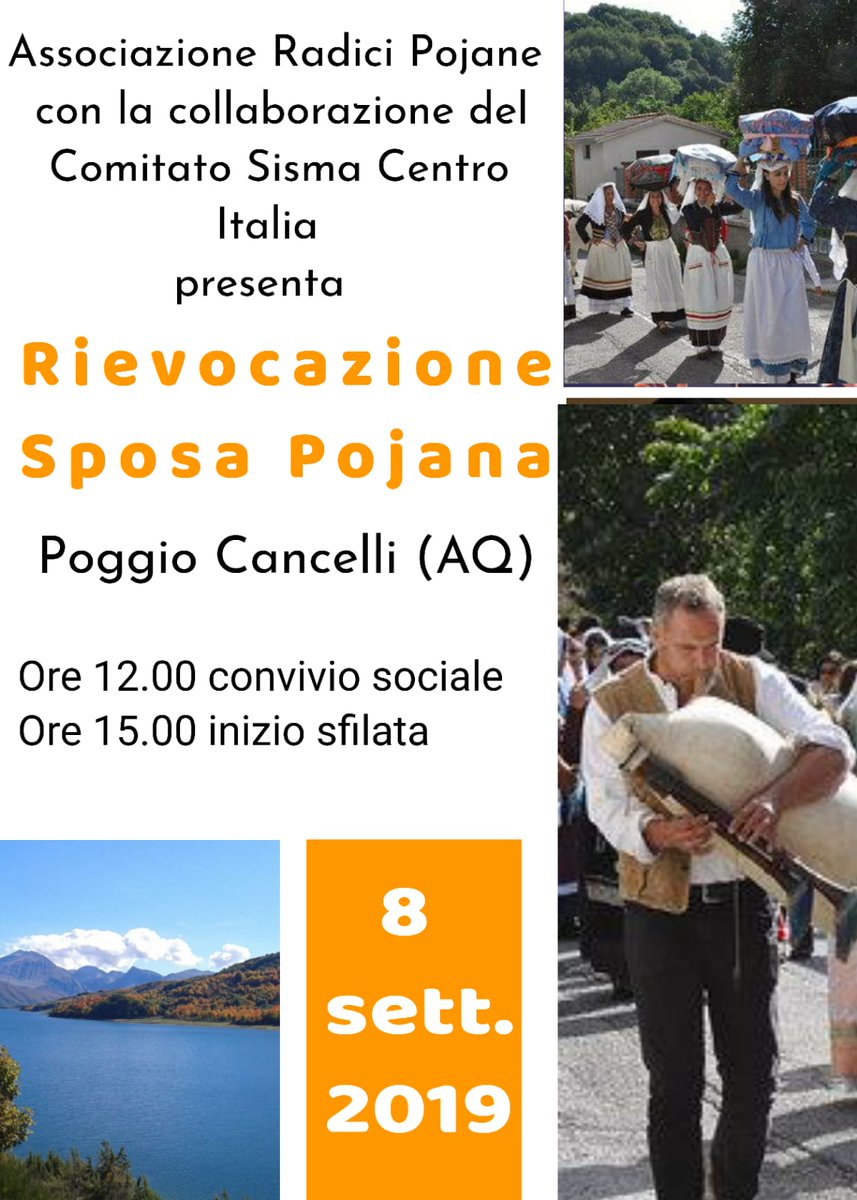 ARP_2016's tweet photo. 'La sposa Pojana' rappresentazione in costume del tradizionale matrimonio di #poggiocancelli. 8 settembre,si parte con un convivio sociale alle 12 e si prosegue con il corteo! #abruzzo #laquila #campotosto #tradizione #amatrice #montereale @Abruzzo_Eventi @abruzzoweb @YourAbruzzo https://t.co/VC6VQxN94o