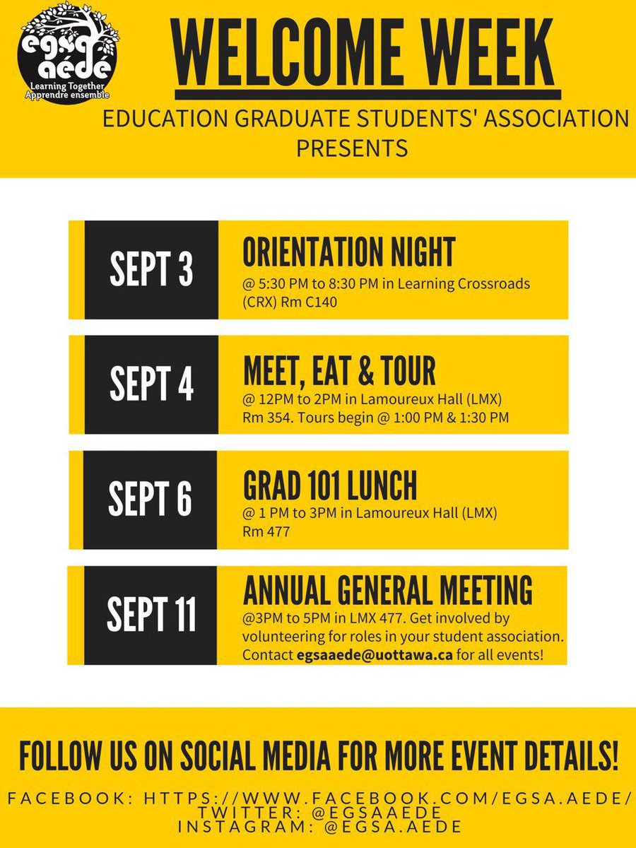EGSAAEDE's tweet photo. Education Graduate Students’ Association Presents: Welcome Week! https://t.co/IvpJ95fTWG