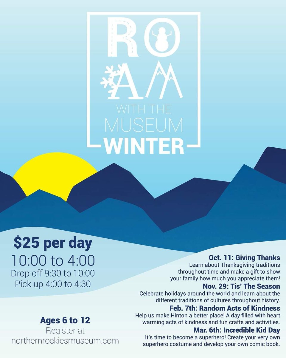 Come ROAM with the museum this winter! Registration opens at the registration fair on Wednesday September 4 from 6-8.

BUT if you are a member of the Museum you can register right now by giving us a call! 780-801-2643