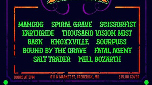 Sat Aug 31 (early)
DOOM METAL <a href="/Cafe_611/">Café 611 Restaurant</a> 
cafe611.com
@mangog_official
#SpiralGrave
@Scissorfist666
#Earthride
<a href="/TVM_HeavyRock/">Thousand Vision Mist</a>
<a href="/thebandbask/">Bask</a>
#knoxxville
#sourpuss
#boundbythegrave
#FatalAgent
#SaltTrader
#Bozarth
<a href="/MdDoomFest/">Maryland Doom Fest</a>