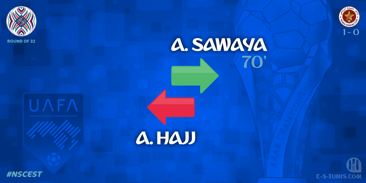 ESTuniscom's tweet photo. ⏱ 71' | #UAFAAC Round of 32 #NSCEST | 🇱🇧@Nejmeh_SC 1⃣-0⃣ @ESTuniscom🇹🇳 : 🔁 Substitute : A. Sawaya IN, A. Hajj OUT (NSC) / تغيير / Changement https://t.co/BRMo0s8YVd