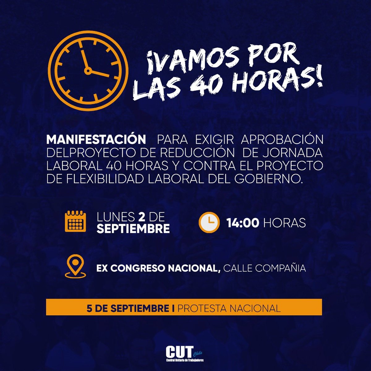Cutchile's tweet photo. Este lunes las y los trabajadores nos manifestamos por las #40horas en rechazo al proyecto de flexibilidad laboral del gobierno ¿Nos acompañas?❌Partimos la próxima semana preparándonos para lo que será la gran #ProtestaNacional del 5 de septiembre 💪 Porque #NosCansamosNosUnimos https://t.co/eF4ShO8iNx