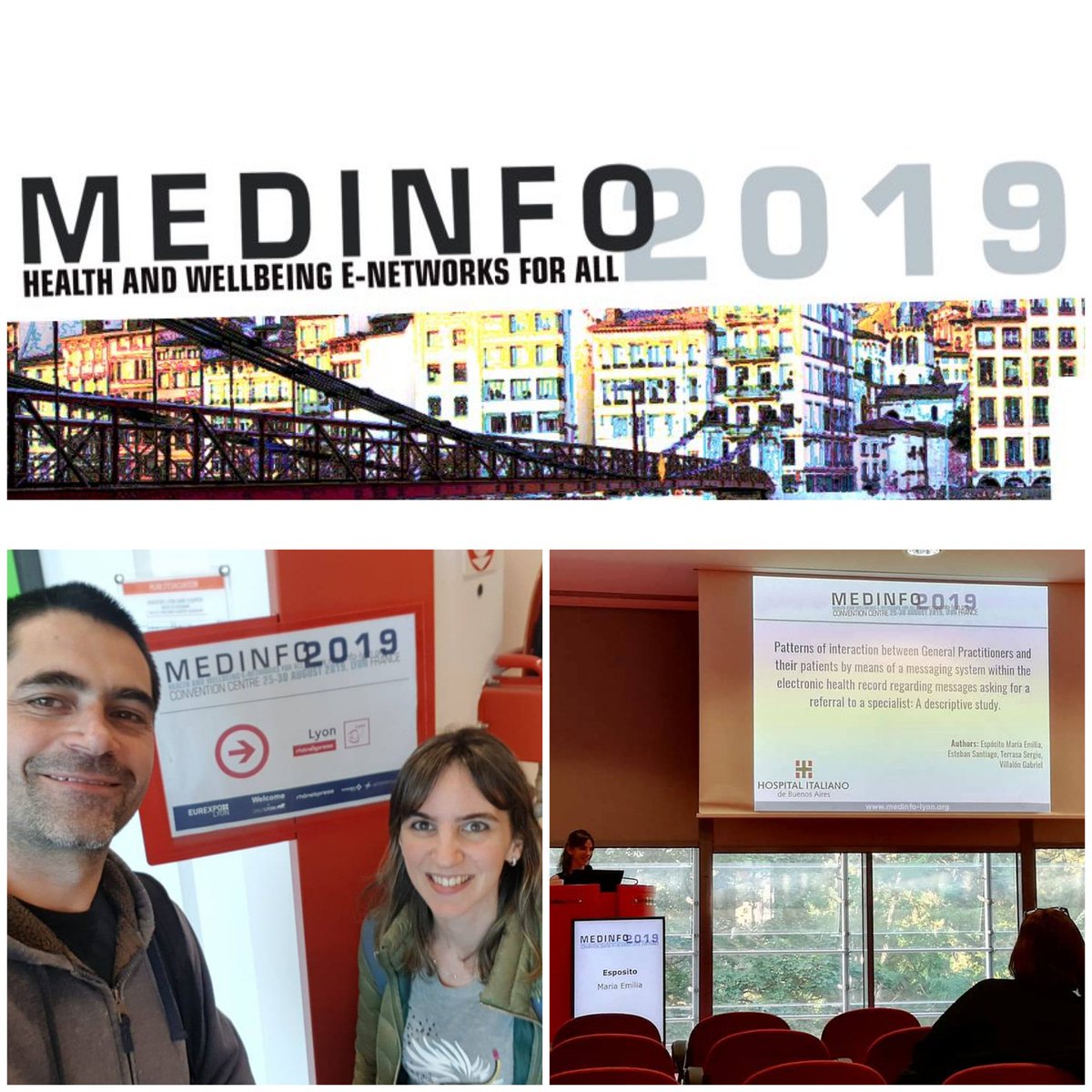 FundacionMF's tweet photo. María Emilia Espósito y Santiago Esteban, médicos del SMFyC del Hl,  presentaron  el trabajo “Patrones de interacción entre médicos de cabecera y sus pacientes ante los mensajes de estos últimos solicitando consultar un especialista: estudio descriptivo”  en #MedInfo2019 https://t.co/MSDFbuyF7l