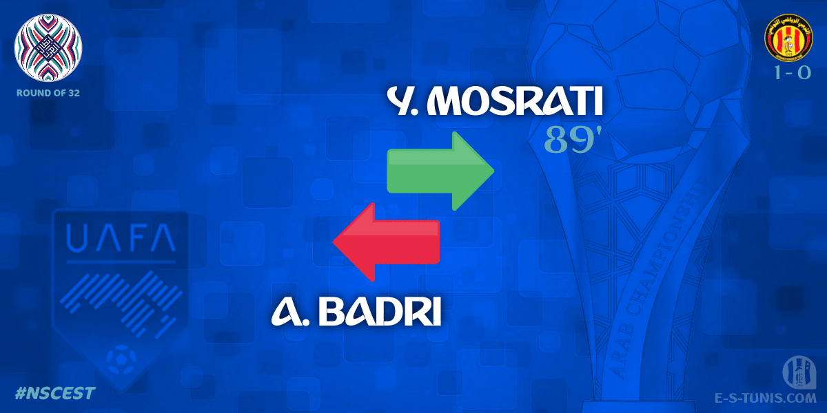 ESTuniscom's tweet photo. ⏱ 89' | #UAFAAC Round of 32 #NSCEST | 🇱🇧@Nejmeh_SC 1⃣-0⃣ @ESTuniscom🇹🇳 : 🔁 Substitute : Y. Mosrati IN, A. Badri OUT (EST) / تغيير / Changement https://t.co/5ZS9uWn7VO