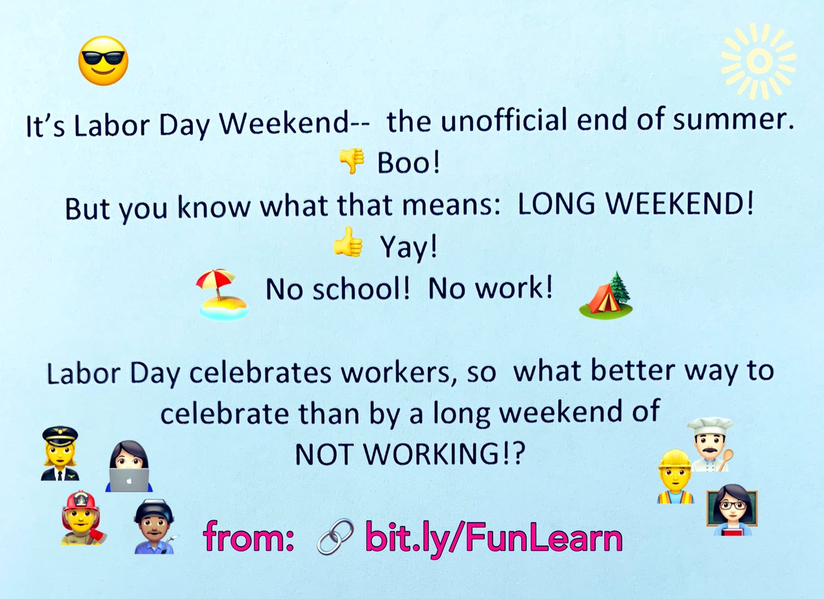😎 #LaborDayWeekend

😃Long weekend = extra day👍
🤯Long week = stressful days 👎

🔗 bit.ly/English2e
🔗 bit.ly/CollegeInUSA
🔗 bit.ly/Fun/Learn

#english #esl #esol #efl #ENL
#learnenglish #studyenglish #idioms   #studyinusa #internationalstudents