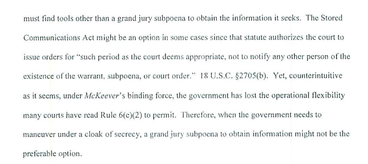 OrinKerr's tweet photo. DDC: In light of recent DC Circuit precedent on grand jury secrecy, the government now can't get a non-disclosure order for a grand jury subpoena under the All Writs Act (per CJ Howell, 8/6/19).  #N
https://t.co/AOHgJvRKGK https://t.co/cQwpFnqMdf