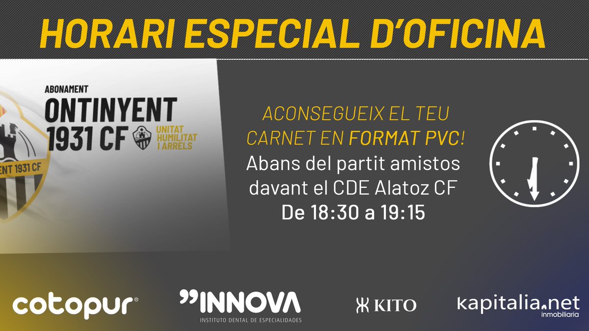 💳 Adquireix el teu carnet definitiu en PVC abans del partit!
🗓️ Demà dissabte de 18:30 a 19:15
⚽️ Abans del partit davant el <a href="/CDEALATOZCF/">C.D.E. ALATOZ C.F.</a> 
⚠️ Cal portar el carnet temporal de cartolina
ℹ️ Els socis de l'<a href="/OntinyentCF/">Ontinyent C.F.</a> han de portar el carnet vell o DNI
➡️ ontinyent1931cf.com/index.php/noti…