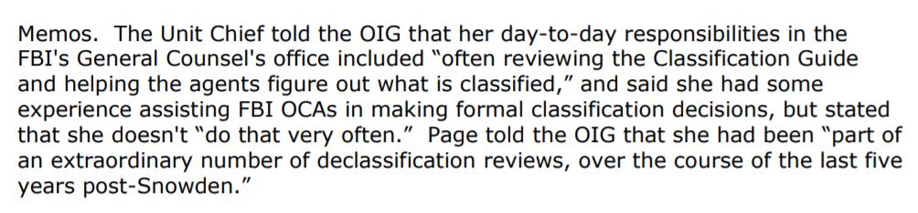 Then they ran over the Legal Unit Chief who had very little experience classifying information prior to this. Run over by Page & Baker who had lots of experience designating information as classified!