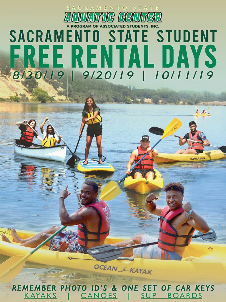 SacStateAC's tweet photo. Today is the day!  SAC STATE FREE RENTALS!!!  We are open until 7:00pm.  Come on down Hornets and enjoy a kayak, canoe or Stand up paddle board.  Be sure to bring your photo I.D. and a set of keys.
@sacstate @sacstateasi

#iamasi #sacstateaquaticcenter #sacstateasi #sacstate https://t.co/AWO5jdl3YO