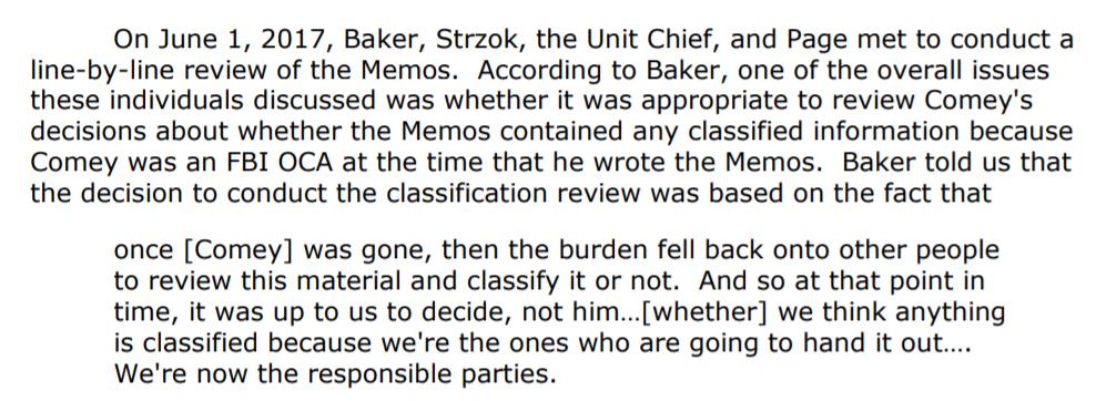 In fact, Baker and the others discussed the fact that they were over riding Comey's authority as an OCA, original classification authority, to classify information that Comey had officially declared to be unclassified! Overriding Comey with a non-standard procedure no less!