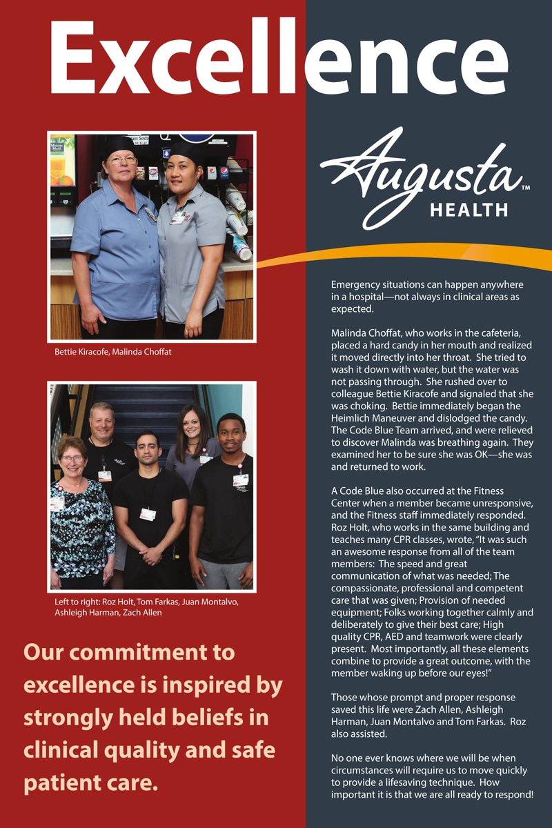 AugustaHealthVA's tweet photo. No one ever knows where we will be when circumstances will require us to move & think quickly. Thank you Bettie, Zach, Ashleigh, Juan, Tom & Roz for being prepared and ready to respond with lifesaving techniques. #lifesaving #emergency #preparedness #valuescelebration https://t.co/cUh0zZsb4B