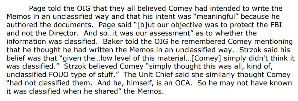 Page even says that their efforts were to protect the FBI, not Comey!Because they were throwing him under the bus! Overriding his decision & belief that the memos were not classified! When he was the authority to decide that as an OCA!