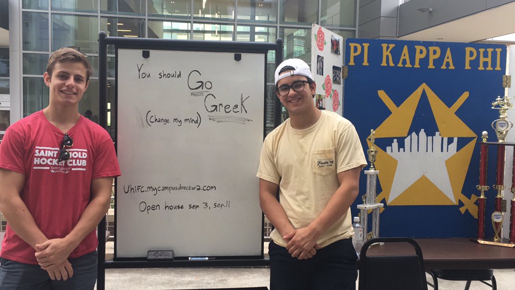 <a href="/UHPiKapp/">UH Pi Kappa Phi</a> says to go Greek! Look for Panhellenic and IFC letters on campus and come talk to us! 💕 register for Panhellenic recruitment at uh.mycampusdirector2.com/landing/ #PhiMuLovesYou #UHGreekCommunity