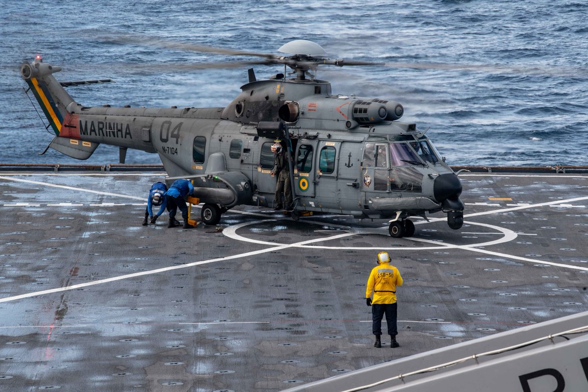 A Brazilian Navy Eurocopter EC 725 Super Cougar conducts flight operations  aboard the flight deck of th #USSCarterHall in support of  UNITAS LX (60). UNITAS, which means “unity” in Latin, has been held annually since 1960. #KnowYourMil