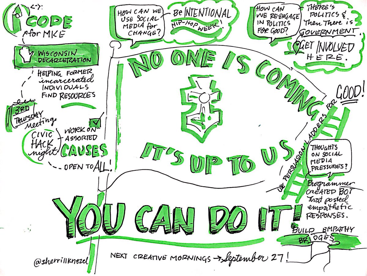 sherrillknezel's tweet image. “No one is coming, it’s up to us.” ⁦@romke⁩ gave a powerful &amp;amp; inspiring talk on Justice today at ⁦⁦@nostudiosmke⁩ @Milwaukee_CM⁩ #cmmke #hope #sketchnotes #meaningfulmarks  #justice