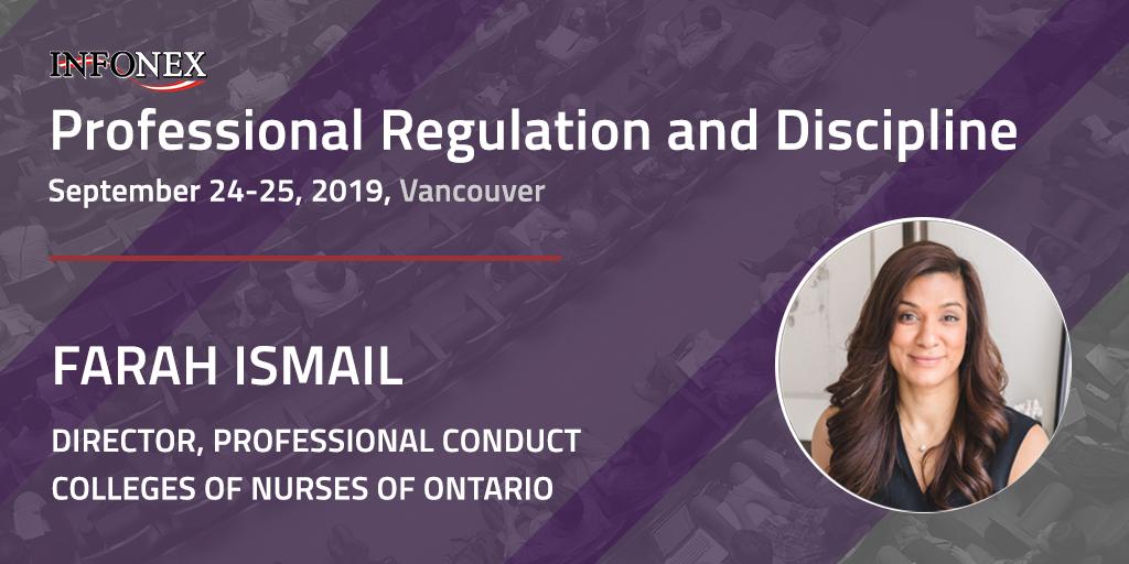 Infonex_RegPro's tweet photo. Farah Ismail from @collegeofnurses will discuss the law regarding fitness to practise and the intersection with human rights issues at our annual #RegPro event in September.
Join us in Vancouver!
Details: https://t.co/5phvYjMNB0
#RegPro https://t.co/ZchUoBKtkZ
