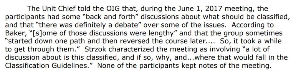 So 3 coup plotters tap dancing around legal rationales to get the Law Unit Chief to agree to their classification decisions. But of course they kept no notes to document all of this!But maybe they weren't intentionally framing Comey? Maybe they had other motives!