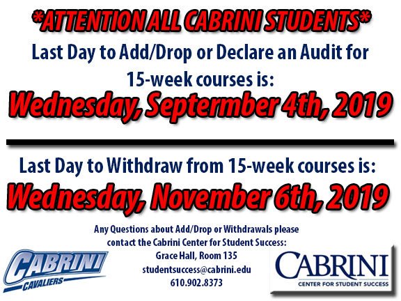 CabriniU_CSS's tweet image. *ATTENTION ALL CABRINI STUDENTS*

Last day to Add/Drop is quickly approaching!! Do not miss the deadline to Add/Drop or declare an Audit for 15-week courses on Wednesday 9/4! Additional information located on the picture below #cabriniu #welcomeweek #css
