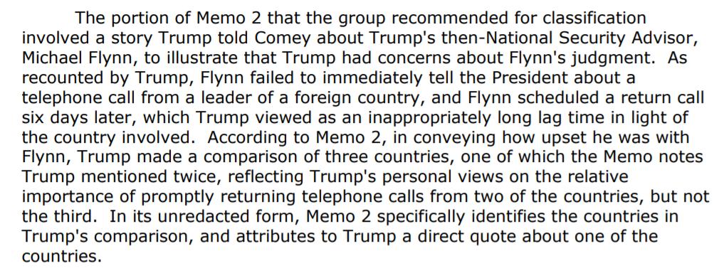 Baker says that the countries mentioned in Memo 2 (the one Comey gave his lawyers) should have been classified information even if Comey chose to not classify it.