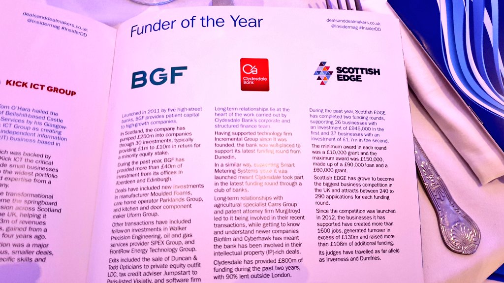 Absolutely thrilled to not only be at the <a href="/Insidermag/">Scottish Business Insider</a> #InsiderDD Deals:Dealmakers Awards, but to be up for 'Funder of the Year' alongside such great company! Big thanks to <a href="/HarperMacleod/">Harper Macleod LLP</a> and <a href="/_lendingcrowd/">LendingCrowd</a> for hosting us.