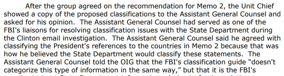 The Unit Chief got a double check from the FBI's Assistant General Counsel (Baker's subordinate) that the information wasn't classified under FBI guidelines, but to ere on the side of caution & over rule Comey to classify it anyway!