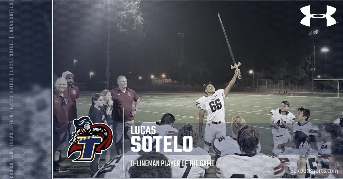 TrinityKnights's tweet photo. The #TrinityKnights defensive line, know as the Order of Knights awarded Lucas Sotelo the honor of D-lineman of the game. Sotelo led the Trinity defense & was presented with the defense sword to commemorate his role in the 46-0 victory over Diego Rivera. https://t.co/w2yXE6MVWt