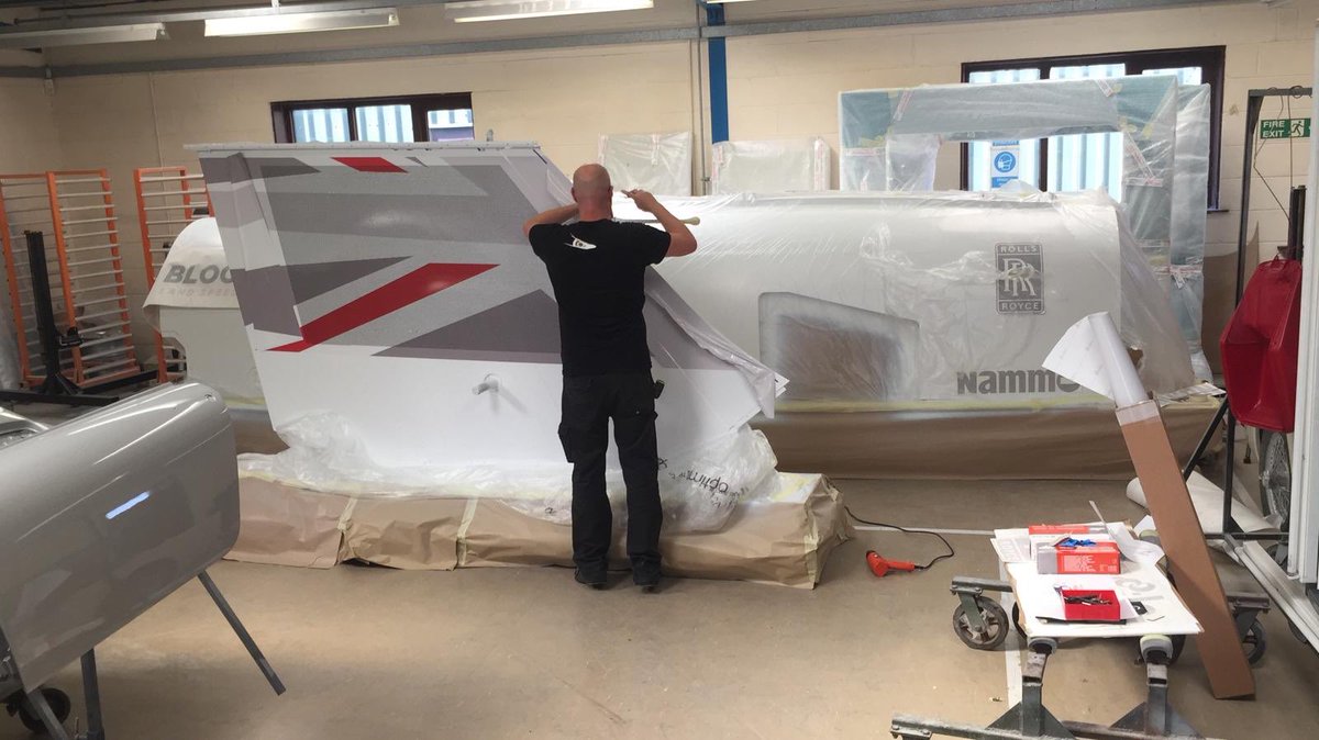 Bloodhound_LSR's tweet photo. Some 36,000 of you will be pleased to know all the names-on-the-fin were applied to to the freshly painted fin today. On Monday it will be covered in clear coat and baked, so they’re on there for high speed testing and beyond! #2019HST https://t.co/m5Pcuvzk7s