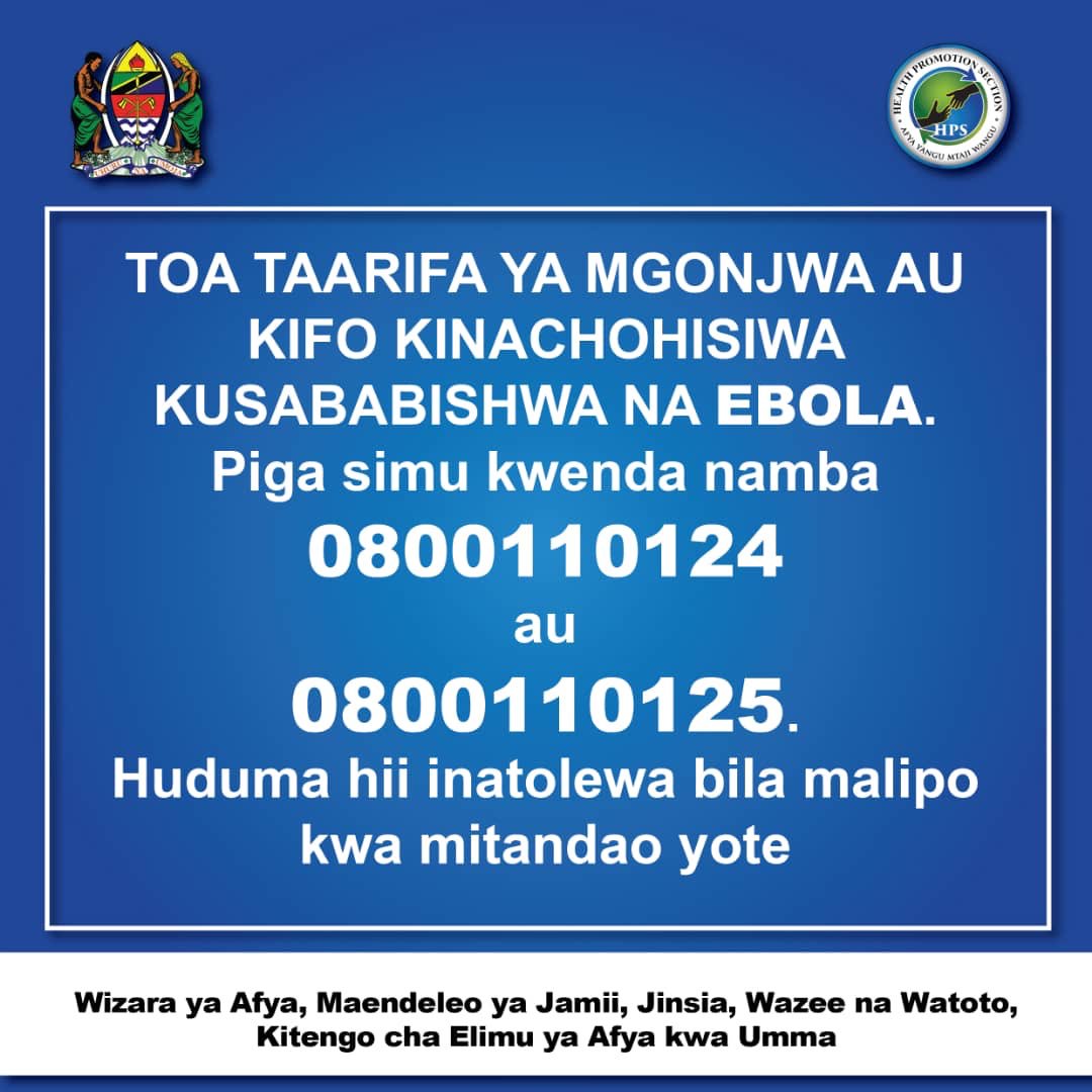 elimuyaafya's tweet photo. Ukiona mtu mwenye dalili za Ebola au kifo kinachohisiwa kusababishwa na Ebola, piga simu namba 080 011 0124 au 080 0110125.
Huduma hii ni bure kwa mitandao yote.
@ummymwalimu
@faustine_ndugulile
@wizara_afyatz #uniceft @UNICEFTanzania https://t.co/VisJ76Rb8D