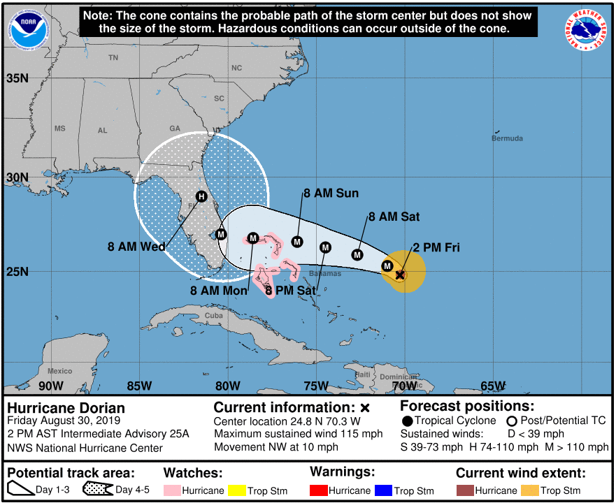 NWSColumbia's tweet photo. Friday, August 30th 2 PM NHC #Dorian update: Now a Category 3 hurricane with sustained winds to 115 mph. Get the latest at: https://t.co/jcj5dlQlBa #scwx #gawx #caewx https://t.co/SZh6Y3NI0n