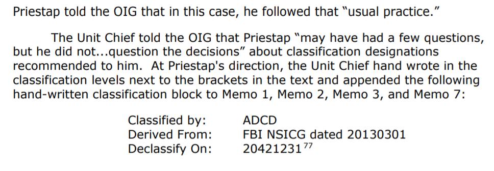 Classified per Priestap, with no indication that it was a canned result brought to Priestap that had been engineered by Baker, Page & Strzok!