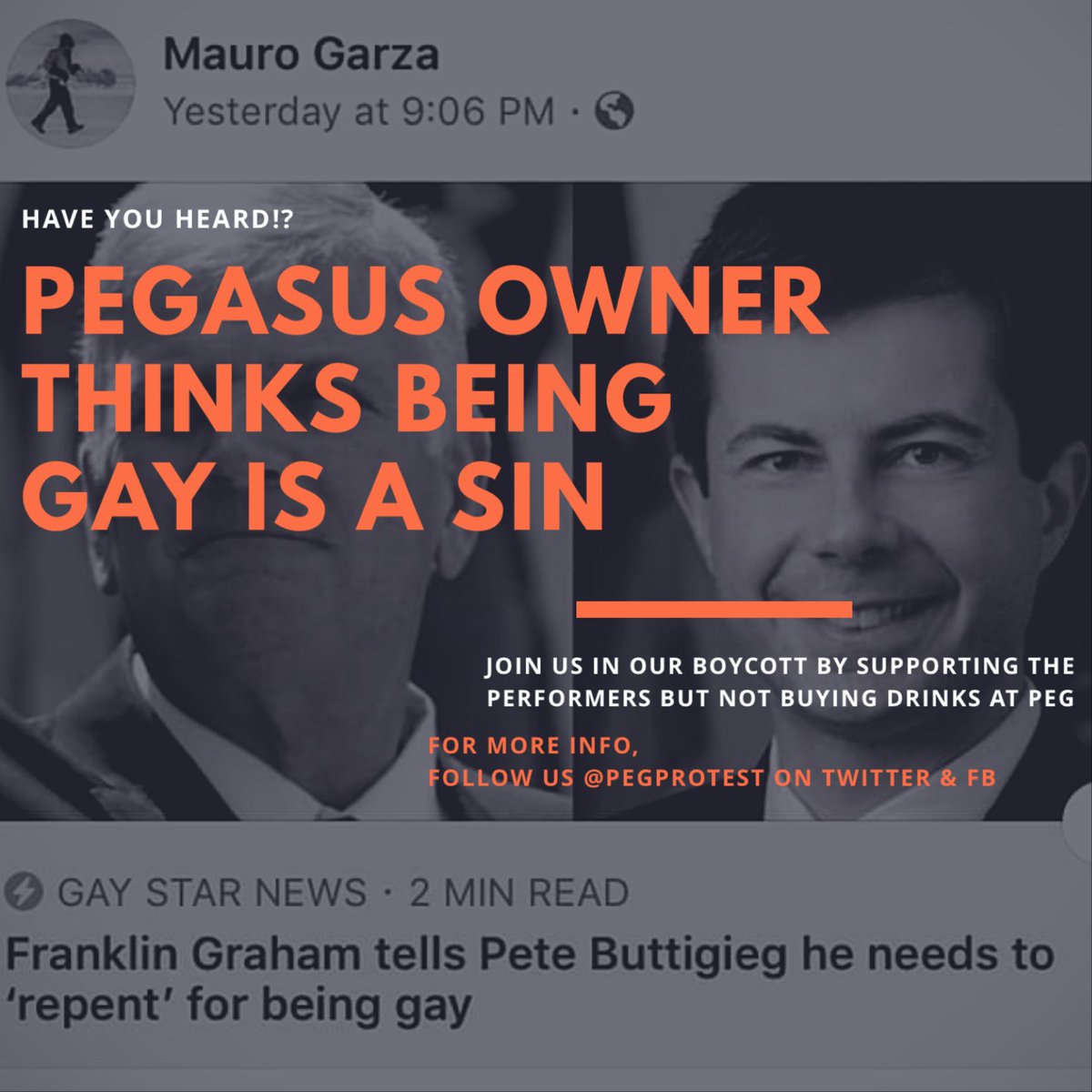 PegProtest's tweet photo. The gay owner of Pegasus in #SanAntonio shares articles belittling and attacking the #LGBTQ community.
He has chosen the Republican platform of hate over dignity & respect for LGBTQ people.
#ProtestThePeg https://t.co/gv9zu0zQnc
