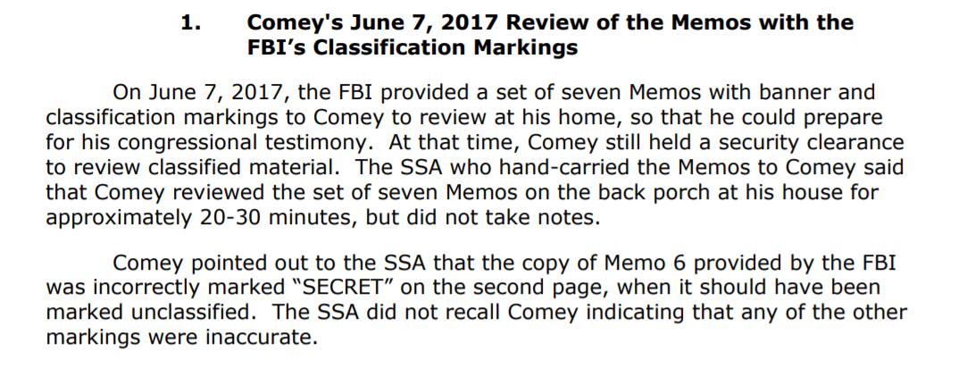 The next day they take the memos to Comey for him to review for his testimony on the 8th. Comey instantly objects to the addition of the Secret classified markings on Page 2 of Memo 2! SSA working for McCabe says he doesn't remember that!