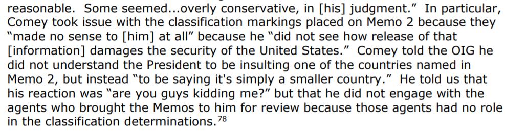 Comey thought some of the classification decisions might be reasonable, but that the classification of Memo 2 was unreasonable!