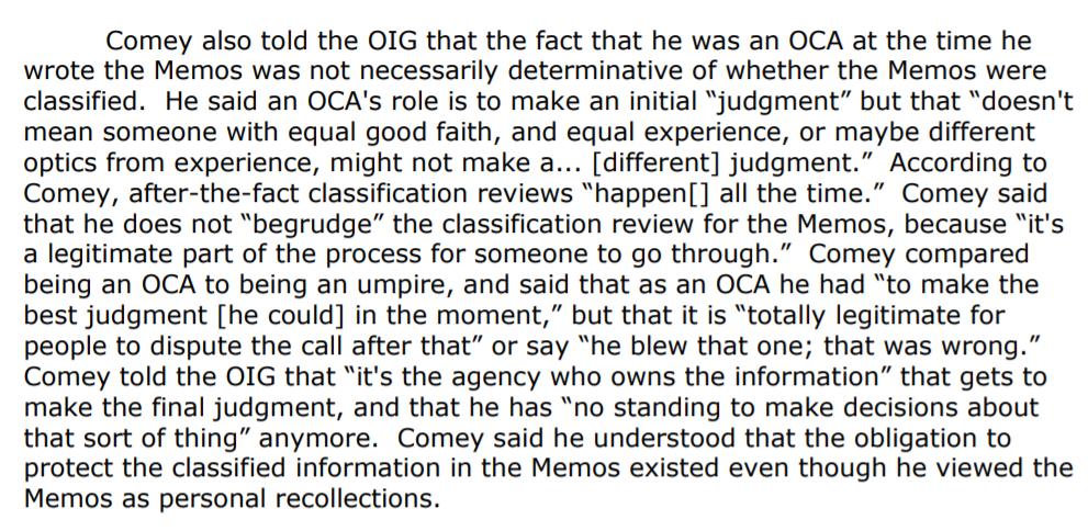 Comey says not to sweat the different classification made by Comey as OCA or Priestap as a spoon fed OCA. These are often judgement calls.Besides, the final decision would be with the agency whose equities are impacted. The State Dept not the FBI! Well unless the FBI doesn't ask