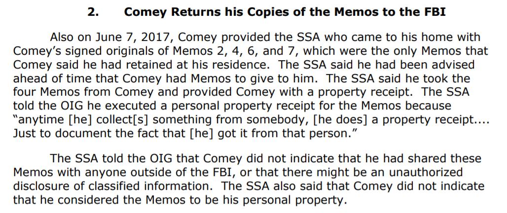 Following Comey's review of the now classified memos, he gave his copies of all 4 memos he had to the FBI SSA with a receipt for the documents! They've alleged that Comey lacked candor by not telling this agent that he had shared the memos that are now marked classified.