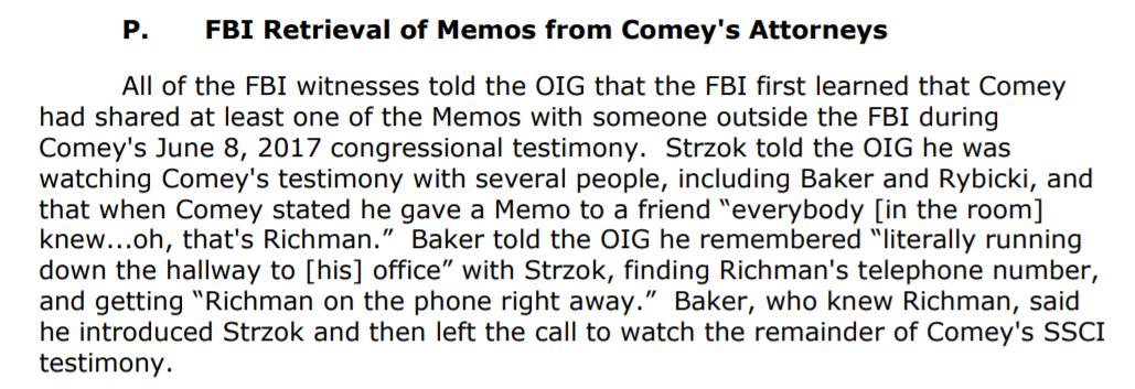 Comey testifying about sharing the memo cause Baker, Strzok and the rest to outright panic! Literally running down the hall to a private space so Baker could get Richman on the phone & hand him over to Strzok!