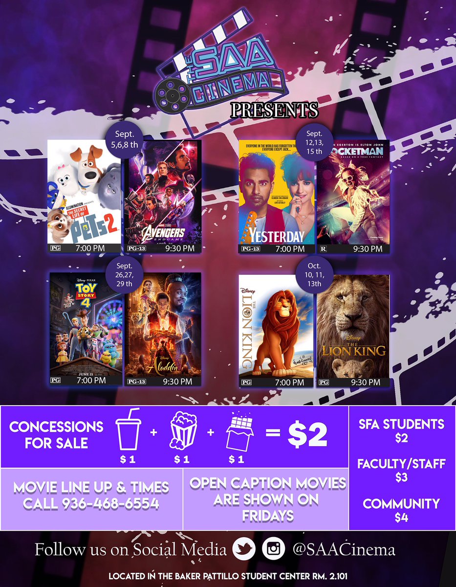 SAACinema's tweet photo. SEPTEMBER MOVIE LINEUP 🎬🍿 https://t.co/aUHdFXZu9y