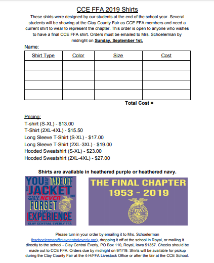 ccemavs's tweet photo. The final CCE FFA shirt design is available for order! Please order by Sunday, September 1 at midnight. Email Mrs. Schoelerman at bschoelerman@claycentraleverly.org to place your order! https://t.co/RPSj3nOJnb