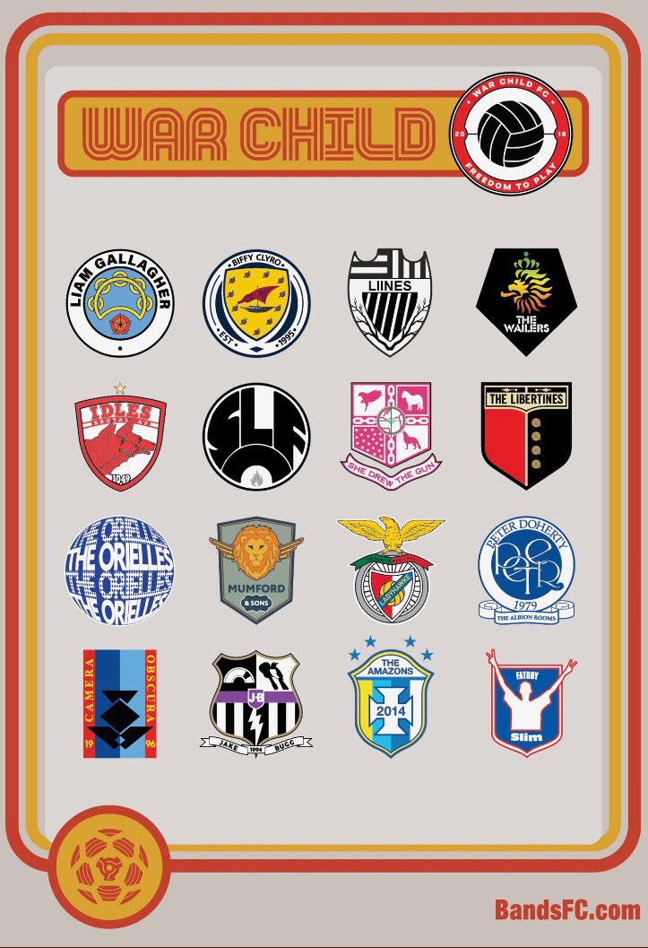 henrywinter's tweet image. Liam Gallagher, IDLES &amp;amp; Biffy Clyro limited edition enamel badges most sold on bandsfc.com so far. International child protection charity @WarChildUK @_Bands_FC and top musicians raising funds for a football scheme for young people living in conflict areas #WarChildFC