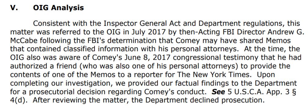 Now the review, McCabe referred Comey for leaking classified information in July 2017, the FBI left this information on Comey's attorney's computers until January 2018. So they weren't too concerned.OIG presented facts, Barr's DOJ rejected prosecution!