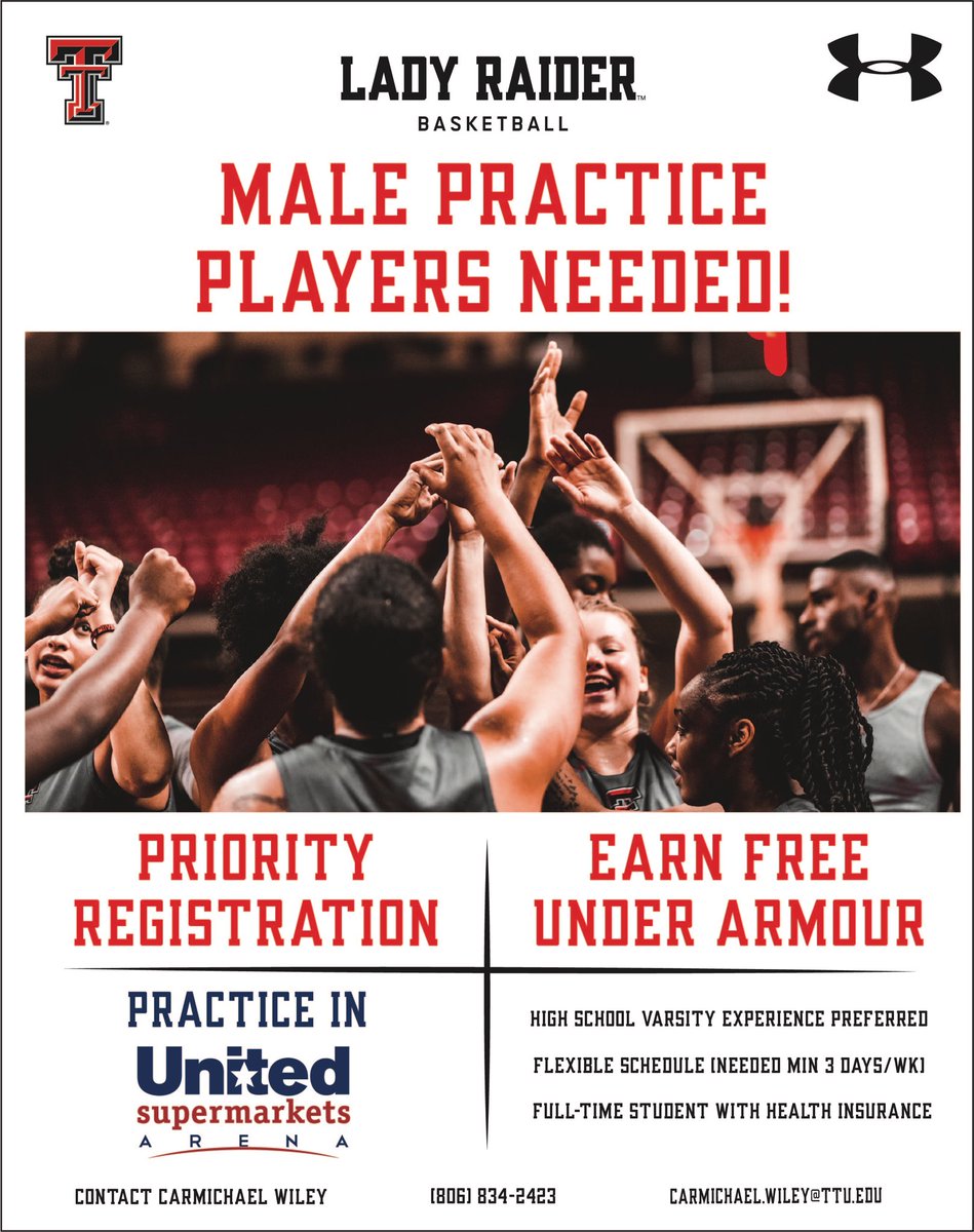 LadyRaiderWBB's tweet photo. ‼️MALE STUDENTS‼️

Want to earn free UA swag and practice with us in United Supermarkets Arena? We need new practice players for the 2019-20 season! Come be a part of our movement!

🔴#M2M | #WreckEm⚫️ https://t.co/9NOlNVeGzP