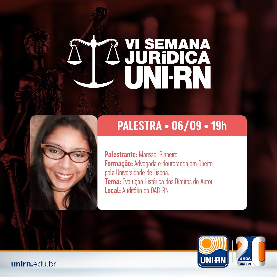 SJUNIRN_'s tweet photo. [PROGRAMAÇÃO VI SEMANA JURÍDICA DO UNI-RN]
📆Data: 06 de setembro 
📌Local: OAB/RN
📄Certificado: 20h
✅Inscrições através do site: https://t.co/ZtUfW6aHSq https://t.co/A6pcbY96RR