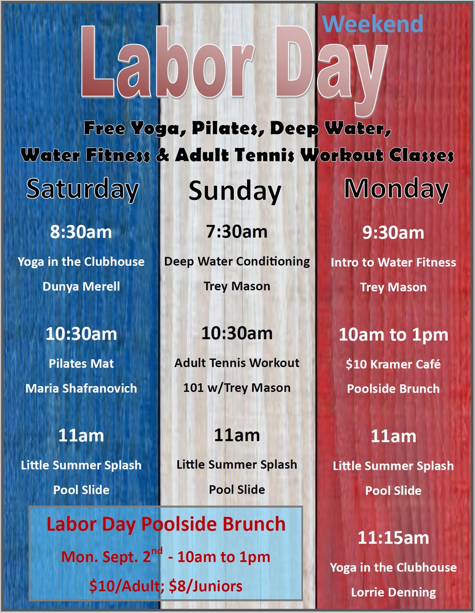 Labor Day Activities at The Jack Kramer Club

 Labor Day Poolside Brunch on Monday, September 2nd from 10am to 1pm $10/Adult; $8/Junior

We hope you can take advantage of a complimentary Yoga, Pilates, Deep Water Conditioning, Water Fitness, or Adult Tennis Workout at JKC