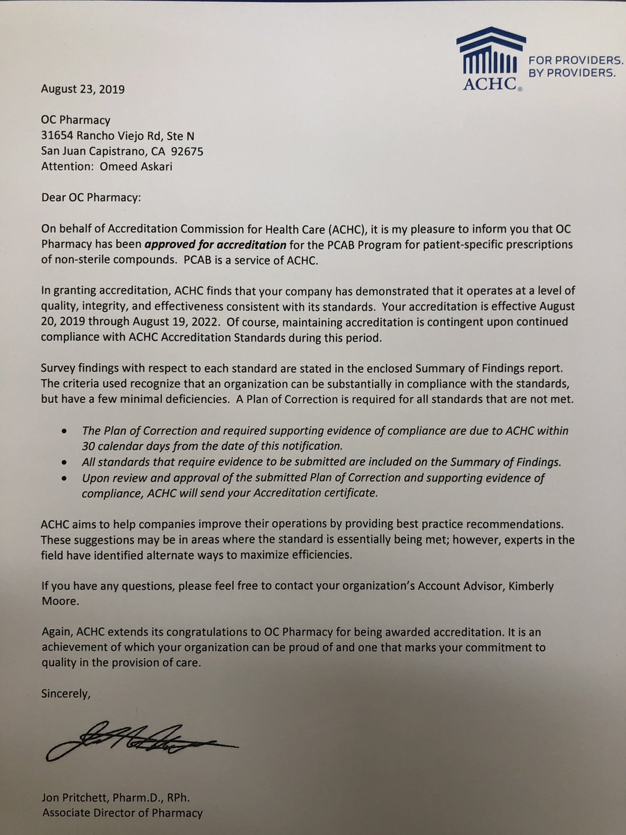 OC_Pharmacy's tweet photo. We’re approved for @achc’s #PCAB accreditation! Big thanks to @PCCA and our friend Jenny at Pear Tree Apothocary. #compounding #achc #pcca #compoundingpharmacy #accreditation https://t.co/T0zgzJ5T7C