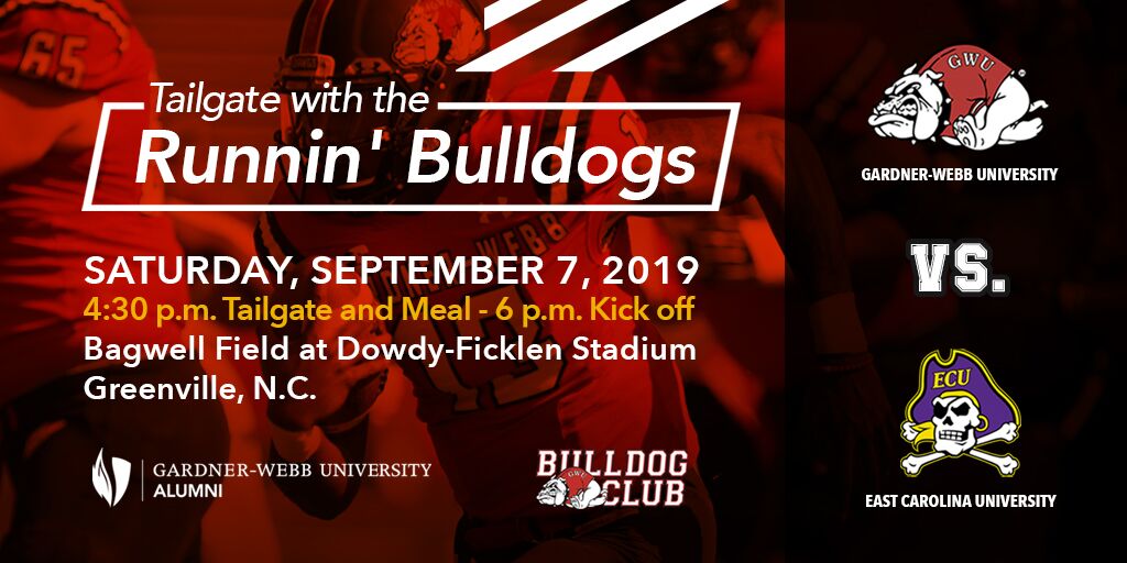 GardnerWebbAlum's tweet photo. Who's up for another tailgate with us? Our Runnin' Bulldogs will take on the East Carolina Pirates next Saturday, and we want you under the tailgate tent and in the stands! Cost for tailgate and game ticket is $40. Call to register: 704-406-2251. https://t.co/qUsyVzkPss