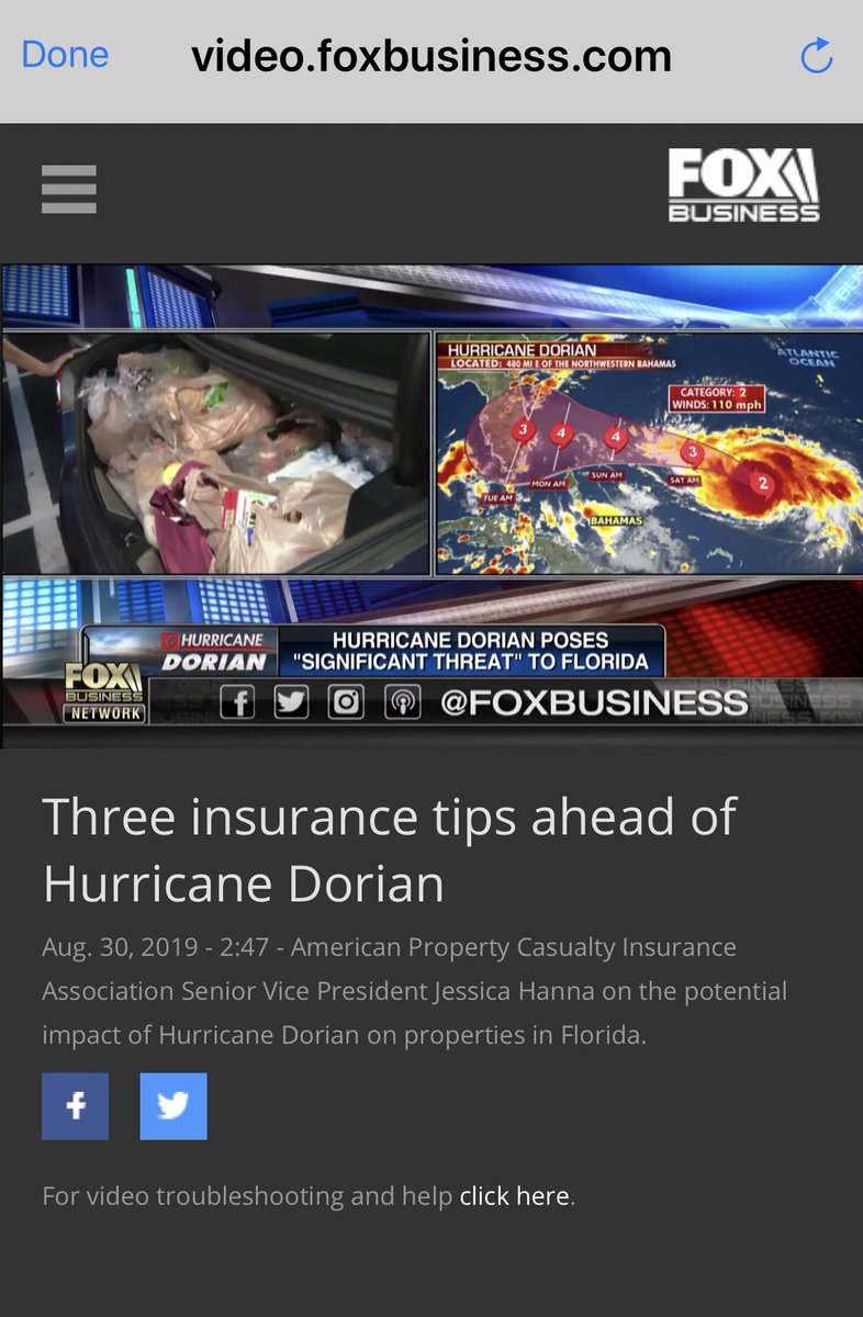 MargueriteTort's tweet image. Must watch @InsuranceJess @TeamAPCIA @FoxBusiness Three insurance tips ahead of #HurricaneDorian video.foxbusiness.com/v/608055553700…