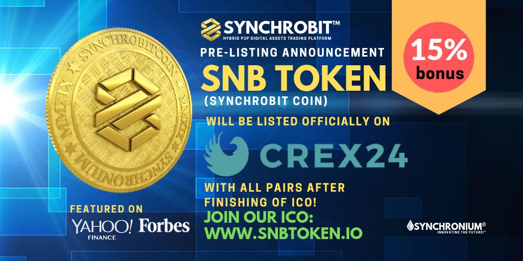SynchroBit's tweet photo. #SNB token will be listed officially on CREX24 after ICO!
News https://t.co/m0SR4QoI7F
Airdrop https://t.co/HfdLannUBp
Bounty https://t.co/PYWKiIJTE5
https://t.co/TLJUGIvytp
Follow+Like+Retweet &amp; Comment+Retweet link+MEW Address and get 1000 UBN!
#btc #snb #snbtoken #synchrobit https://t.co/MSXIiqxkoH
